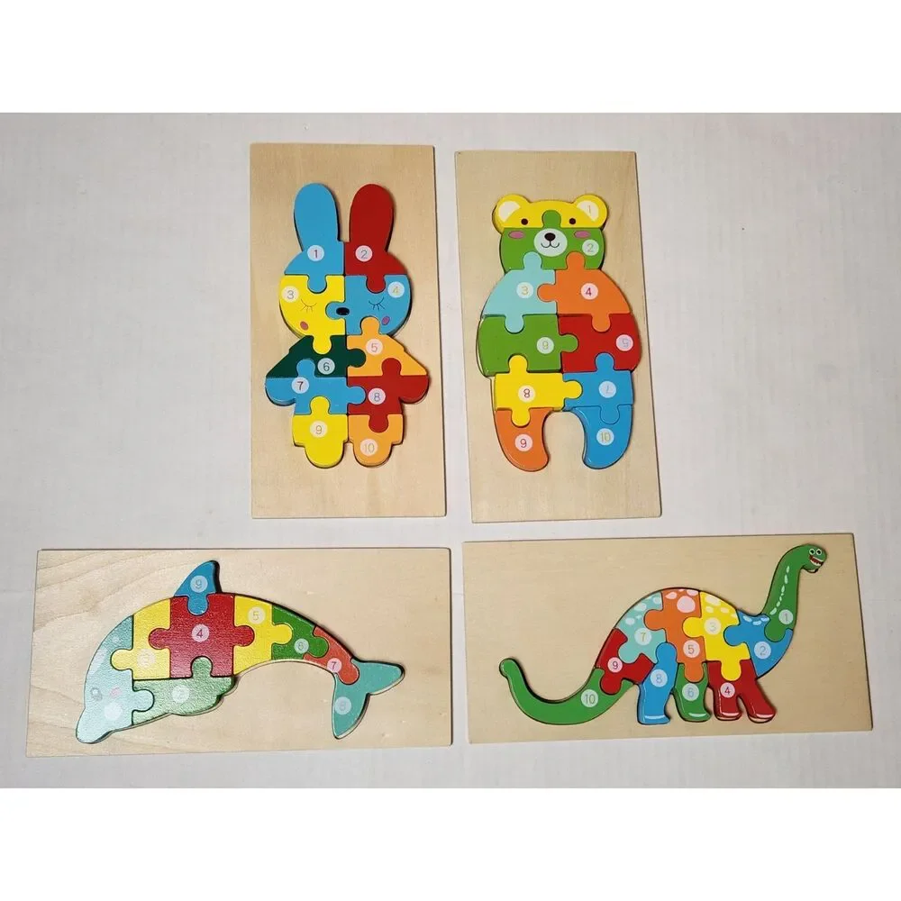 Lot of 4 Wooden Number Puzzles – Small Colorful Animal Learning Puzzles